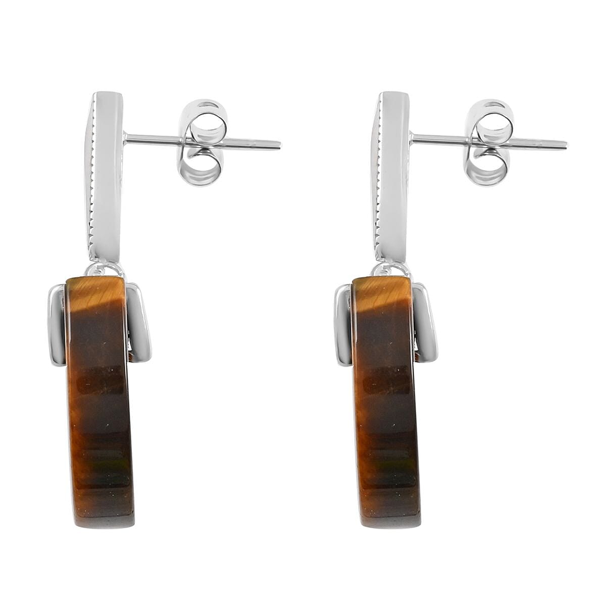 Yellow Tiger's Eye, Enameled Earrings in Stainless Steel 17.50 ctw , Tarnish-Free, Waterproof, Sweat Proof Jewelry image number 3