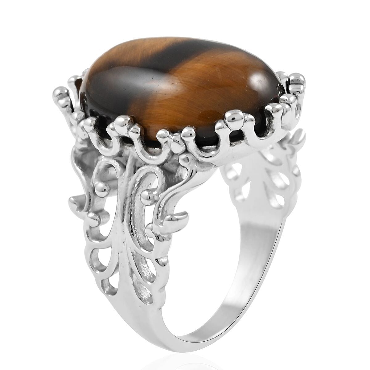 Tigers Eye Solitaire Ring in Rhodium Over Sterling Silver (Size 10) 15.00 ctw image number 3