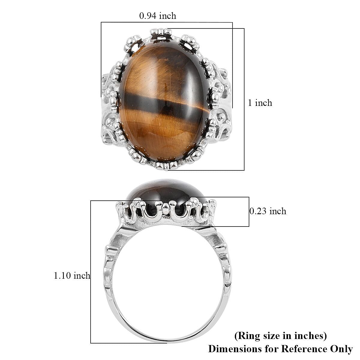 Tigers Eye Solitaire Ring in Rhodium Over Sterling Silver (Size 10) 15.00 ctw image number 4