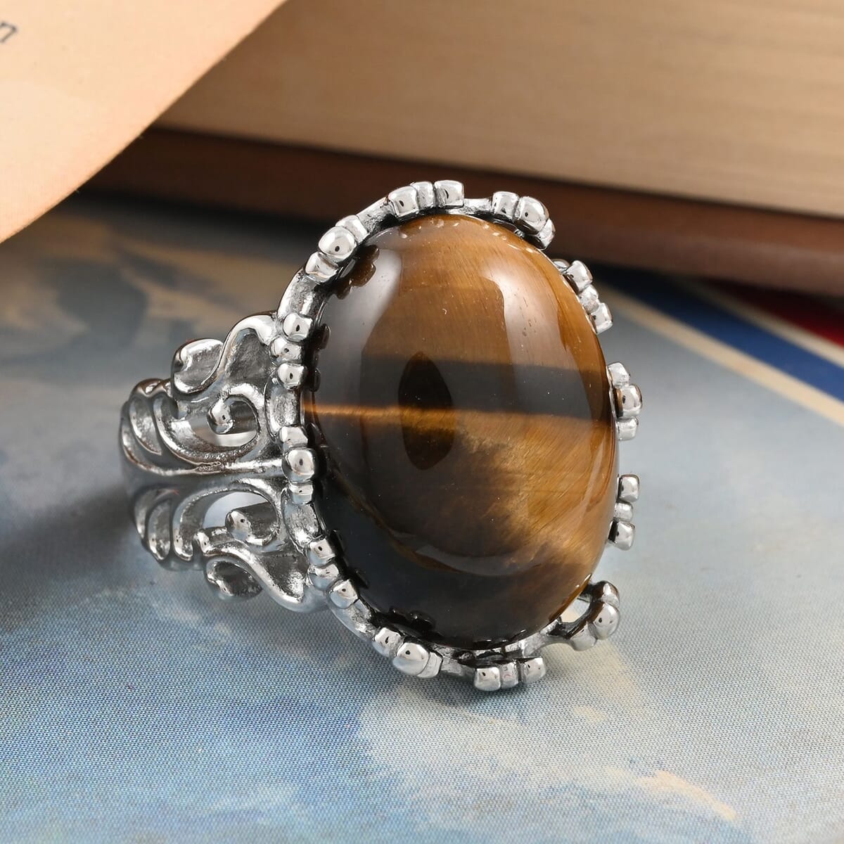 Tigers Eye Solitaire Ring in Rhodium Over Sterling Silver (Size 6.0) 15.00 ctw image number 1