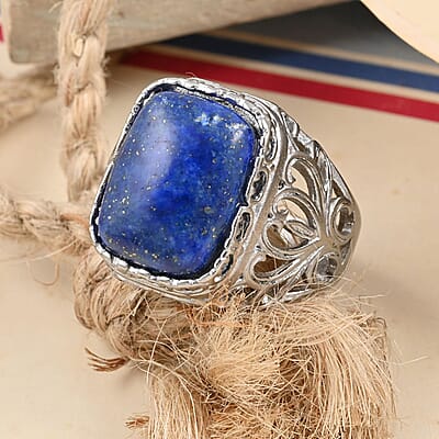 Lapis Lazuli Solitaire Ring in Rhodium Over Sterling Silver (Size 10) 21.50 ctw