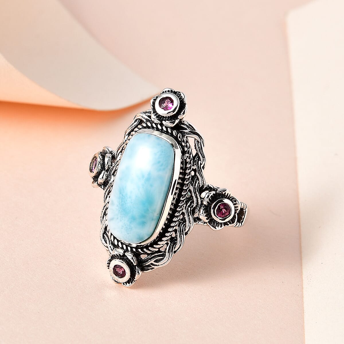 Larimar and Orissa Rhodolite Garnet Ring in Sterling Silver 4.85 ctw image number 1