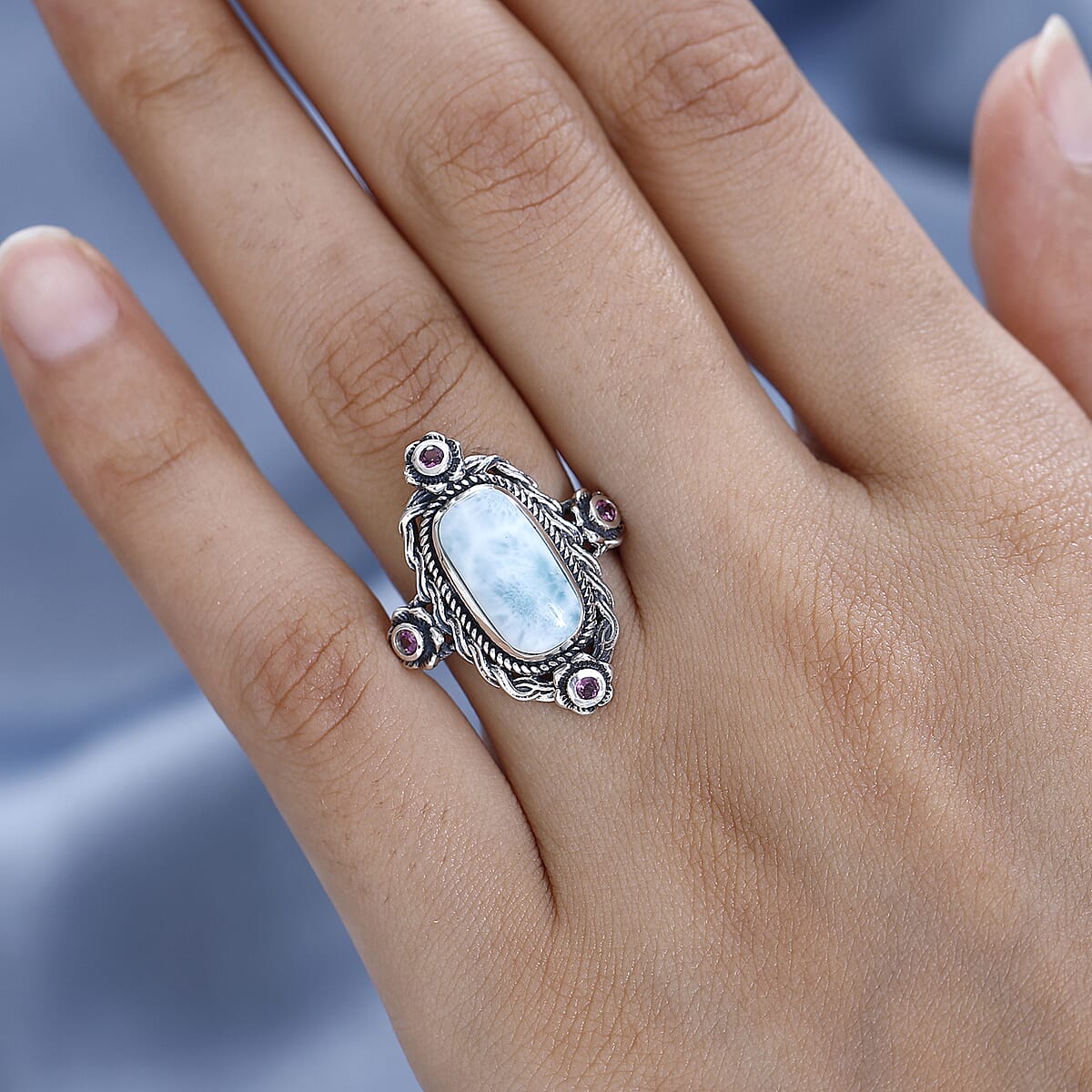 Larimar and Orissa Rhodolite Garnet Ring in Sterling Silver 4.85 ctw image number 2