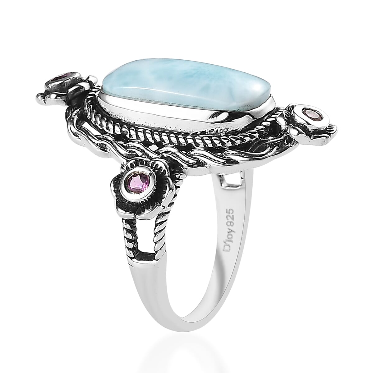 Larimar and Orissa Rhodolite Garnet Ring in Sterling Silver 4.85 ctw image number 3