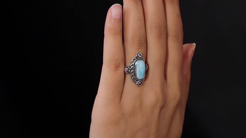 Larimar and Orissa Rhodolite Garnet Ring in Sterling Silver 4.85 ctw