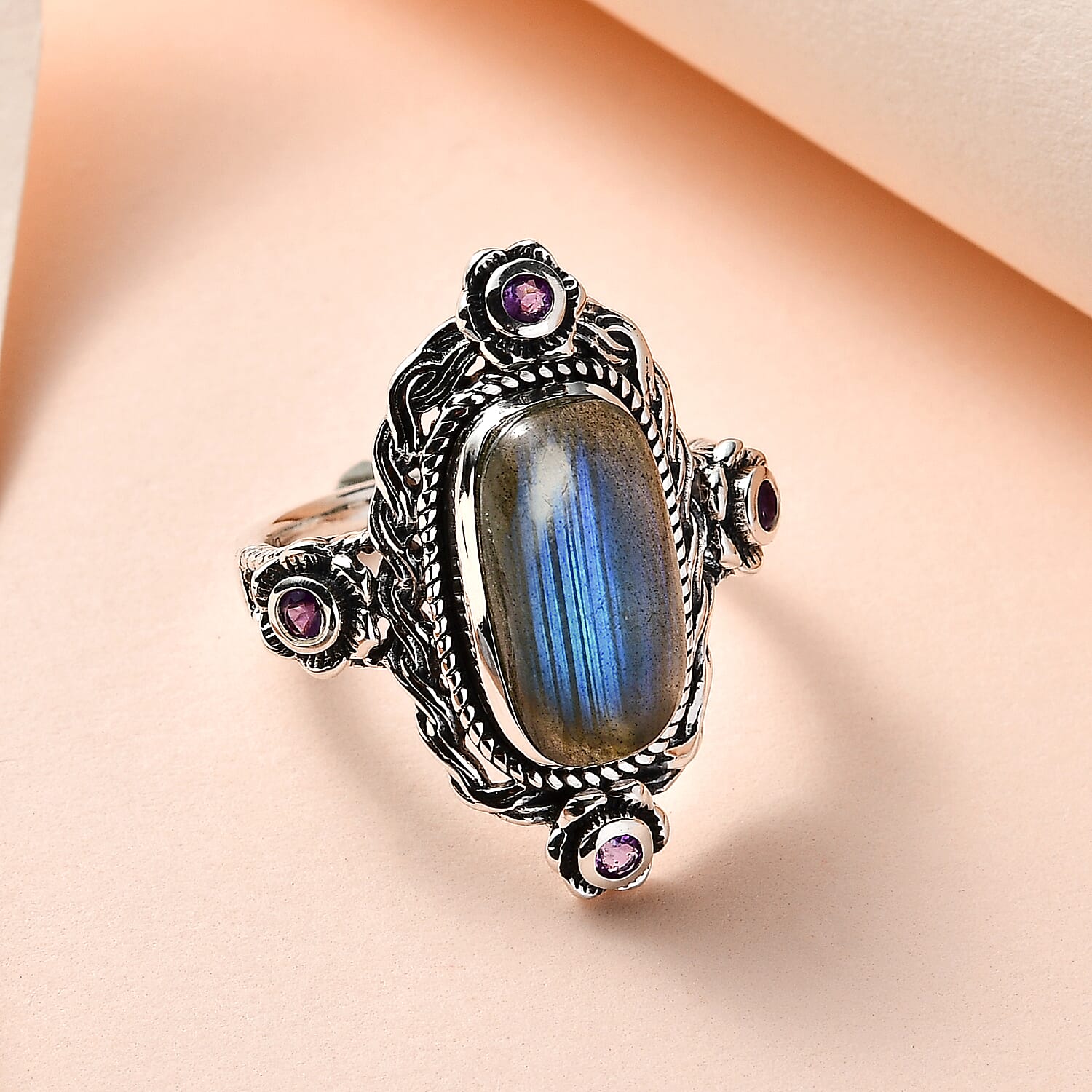 Artisan Crafted Malagasy Labradorite and African Amethyst Ring in Sterling Silver (Size 10.0) 5.25 ctw
