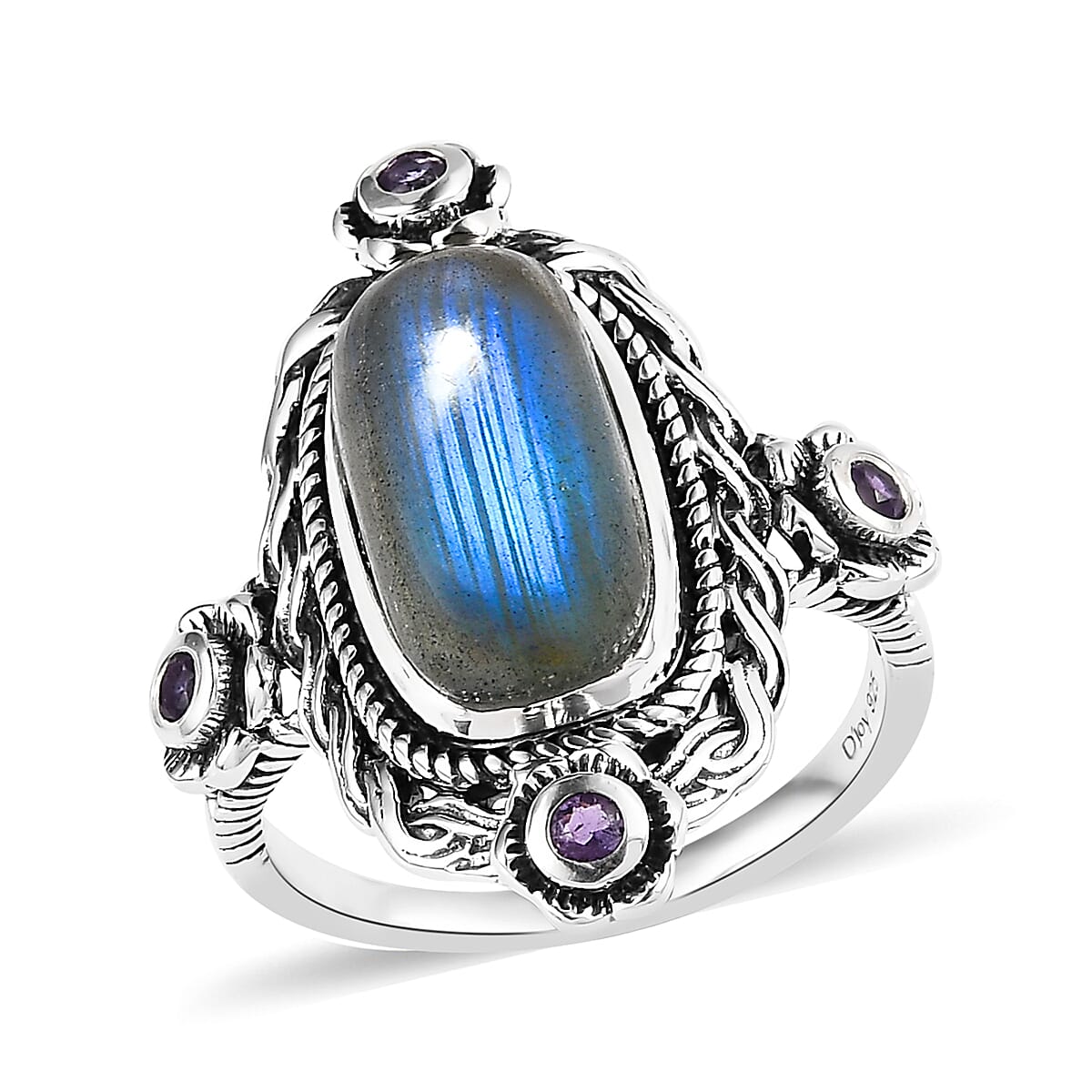 Artisan Crafted Malagasy Labradorite and African Amethyst Ring in Sterling Silver (Size 7.0) 5.25 ctw