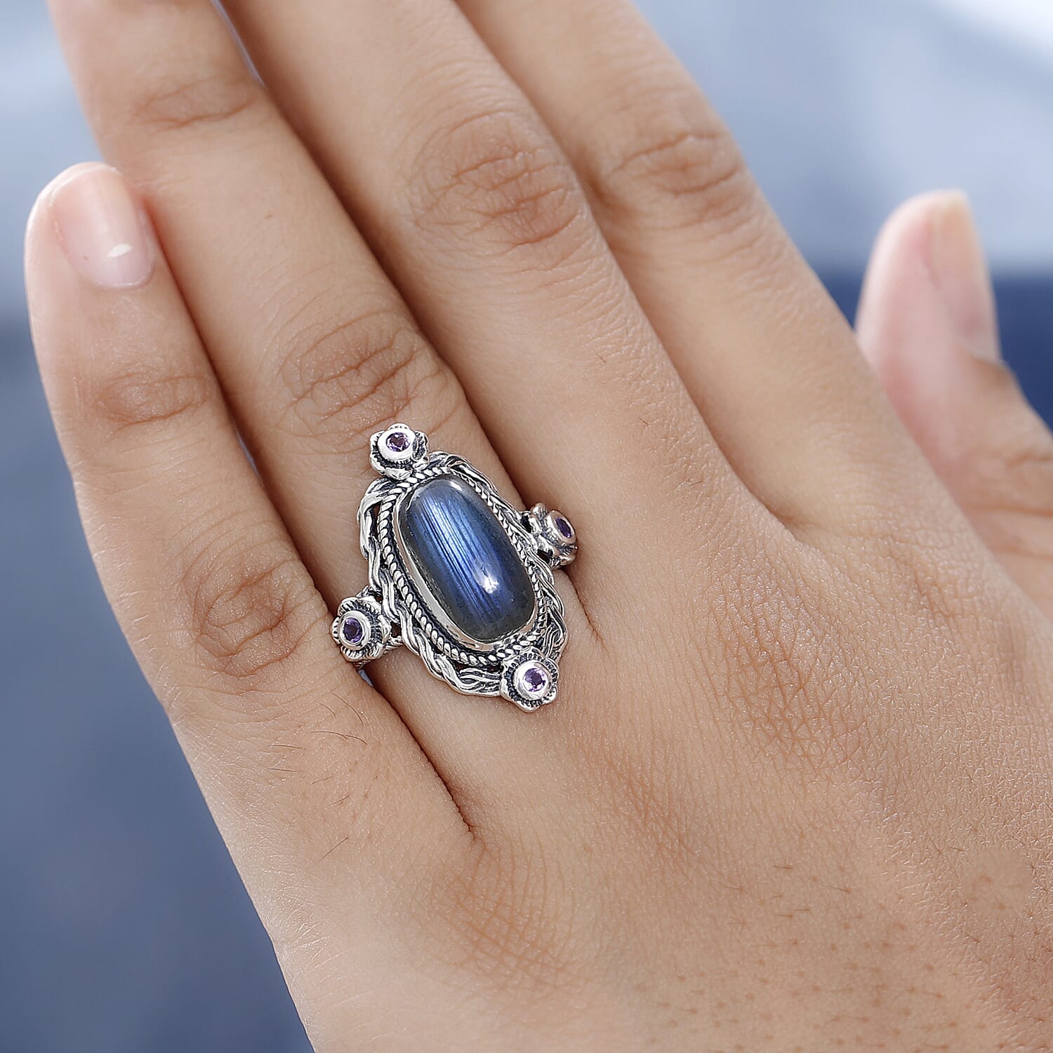 Artisan Crafted Malagasy Labradorite and African Amethyst Ring in Sterling Silver (Size 7.0) 5.25 ctw