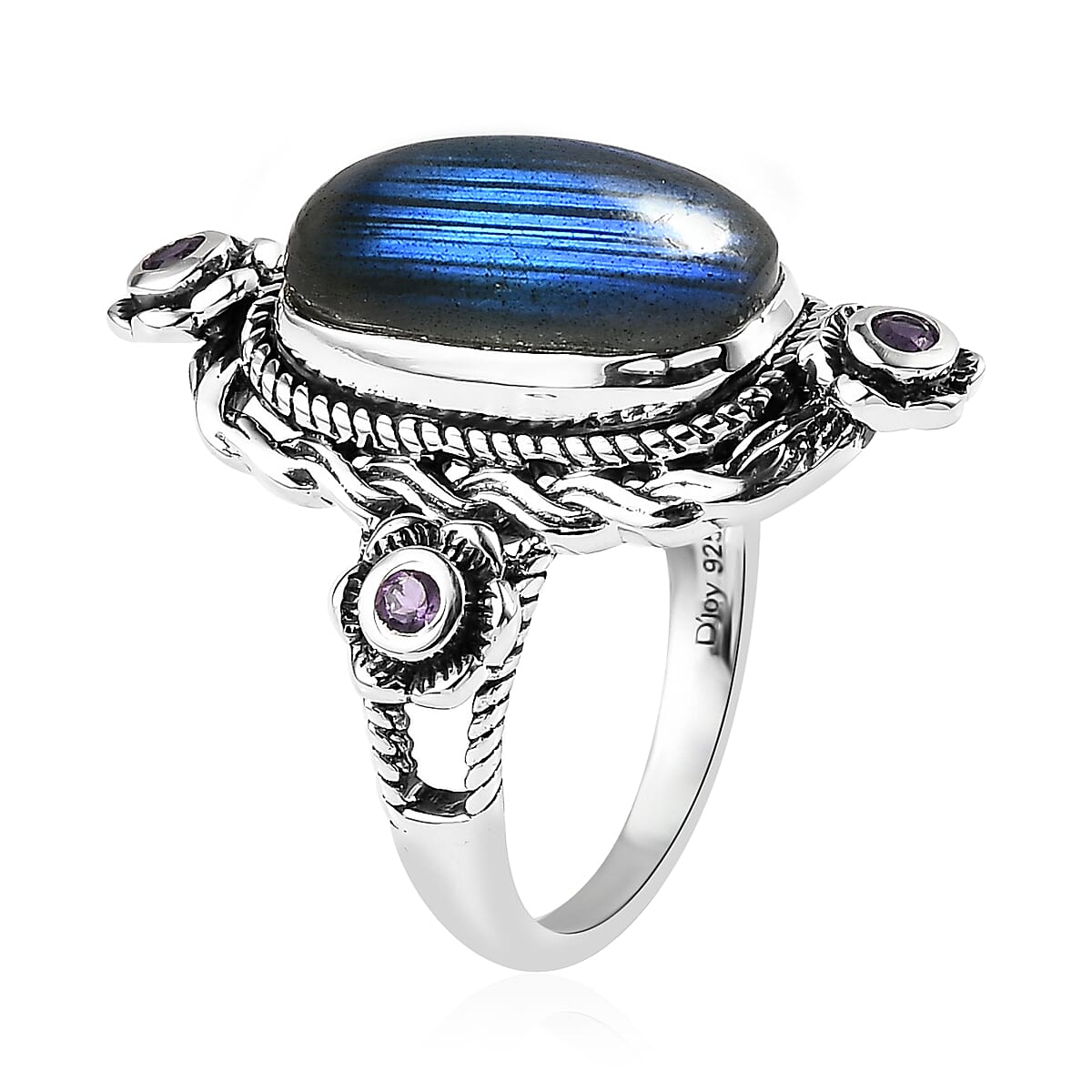 Artisan Crafted Malagasy Labradorite and African Amethyst Ring in Sterling Silver (Size 7.0) 5.25 ctw