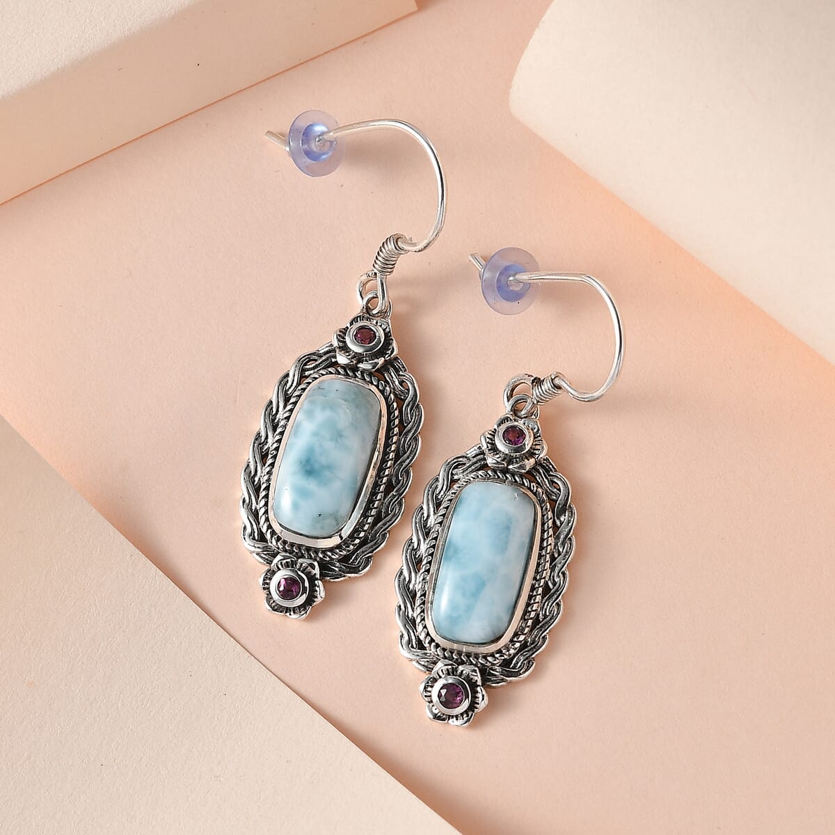 Artisan Crafted Larimar and Orissa Rhodolite Garnet Lever Back Earrings in Sterling Silver 8.60 ctw image number 1