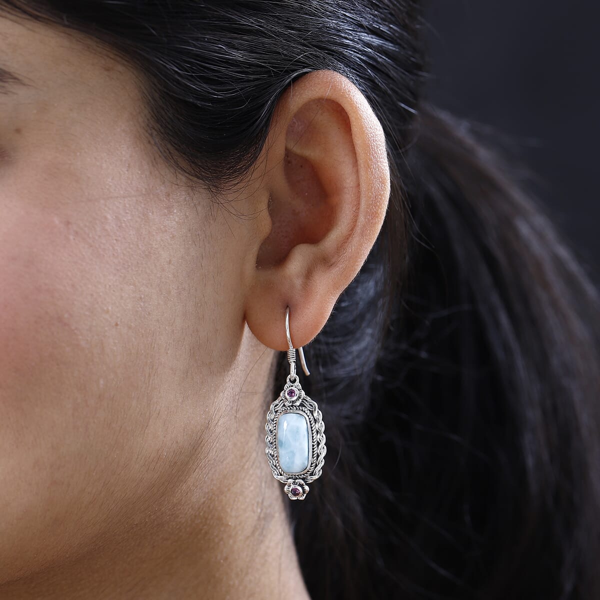 Artisan Crafted Larimar and Orissa Rhodolite Garnet Lever Back Earrings in Sterling Silver 8.60 ctw image number 2