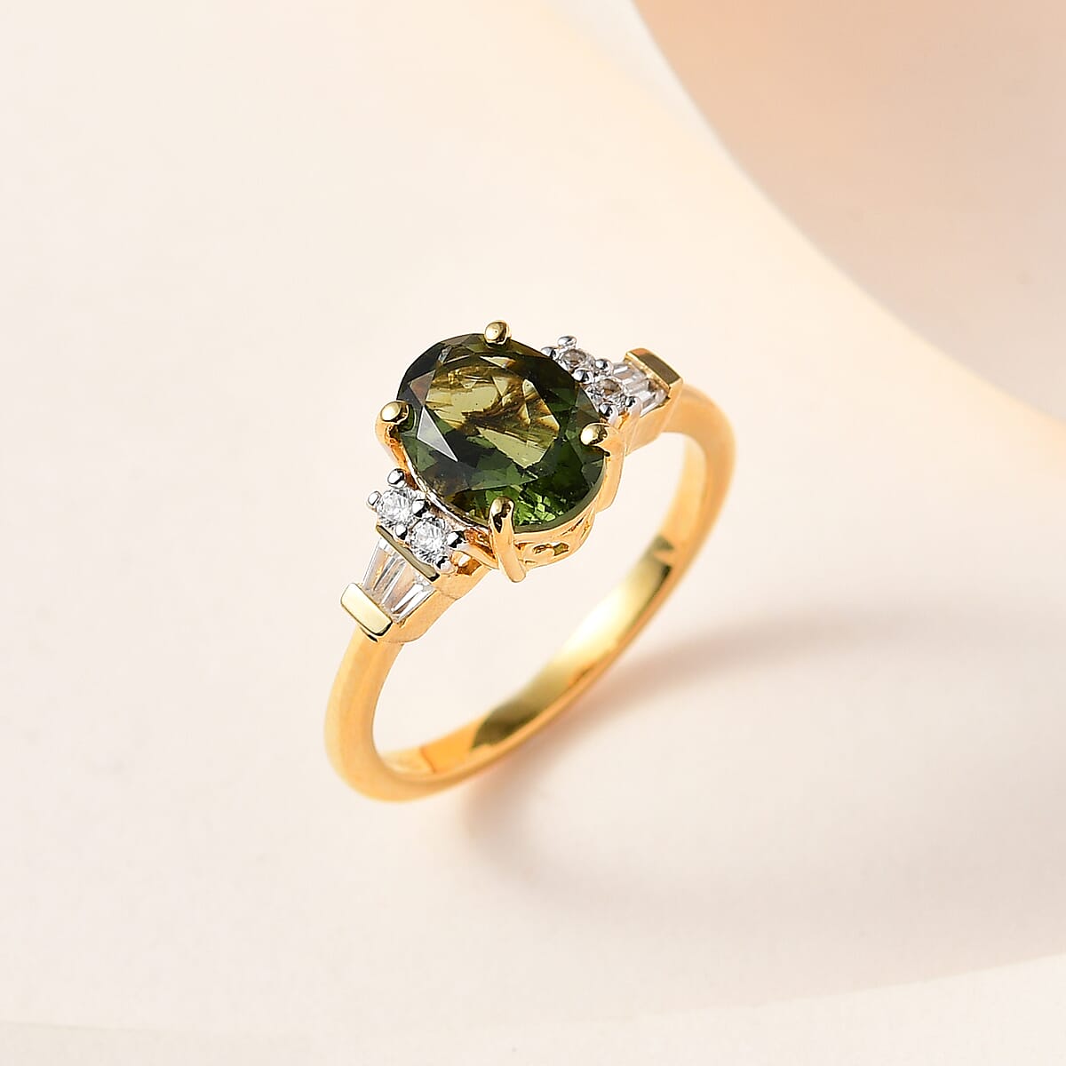Premium Bohemian Moldavite and White Zircon Ring in Vermeil Yellow Gold Over Sterling Silver (Size 10.0) 1.85 ctw image number 1