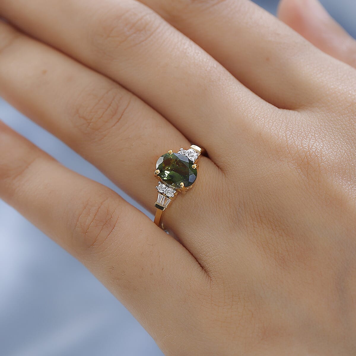 Premium Bohemian Moldavite and White Zircon Ring in Vermeil Yellow Gold Over Sterling Silver (Size 10.0) 1.85 ctw image number 2