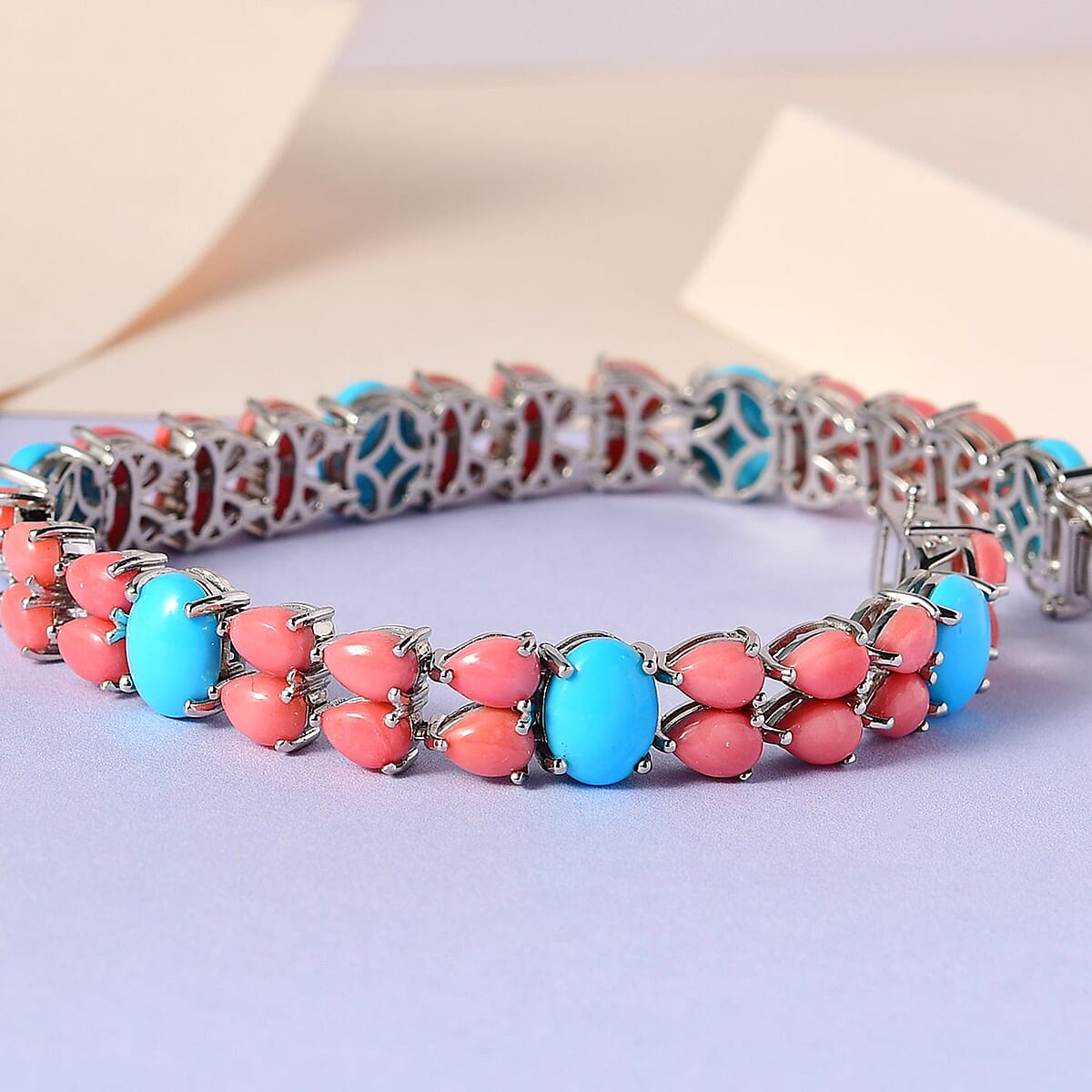 Sleeping Beauty Turquoise and Oregon Peach Opal Bracelet in Platinum Over Sterling Silver (7.25 In) 22.85 ctw image number 1