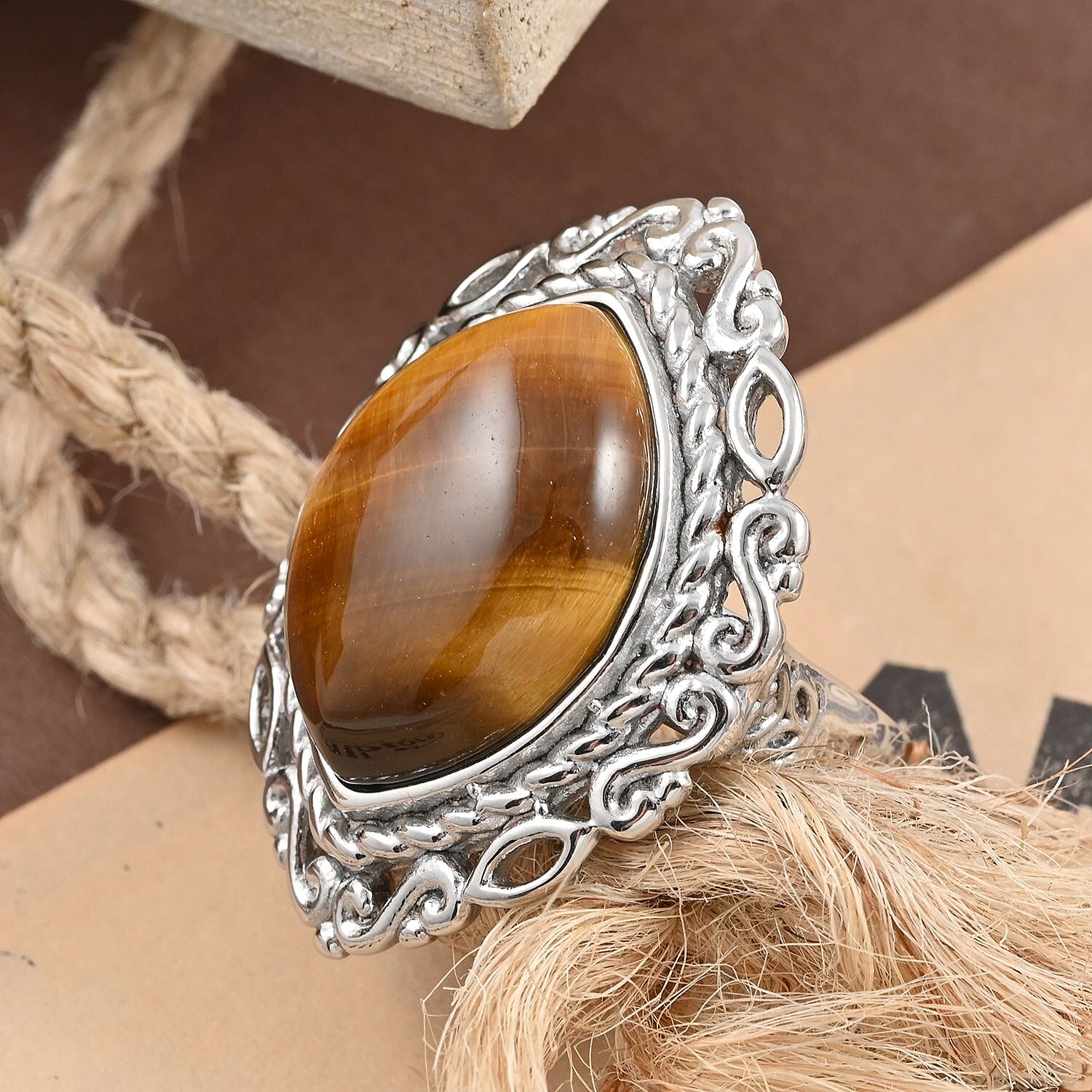 Tiger's Eye Solitaire Ring in Rhodium Over Sterling Silver (Size 10.0) 18.50 ctw