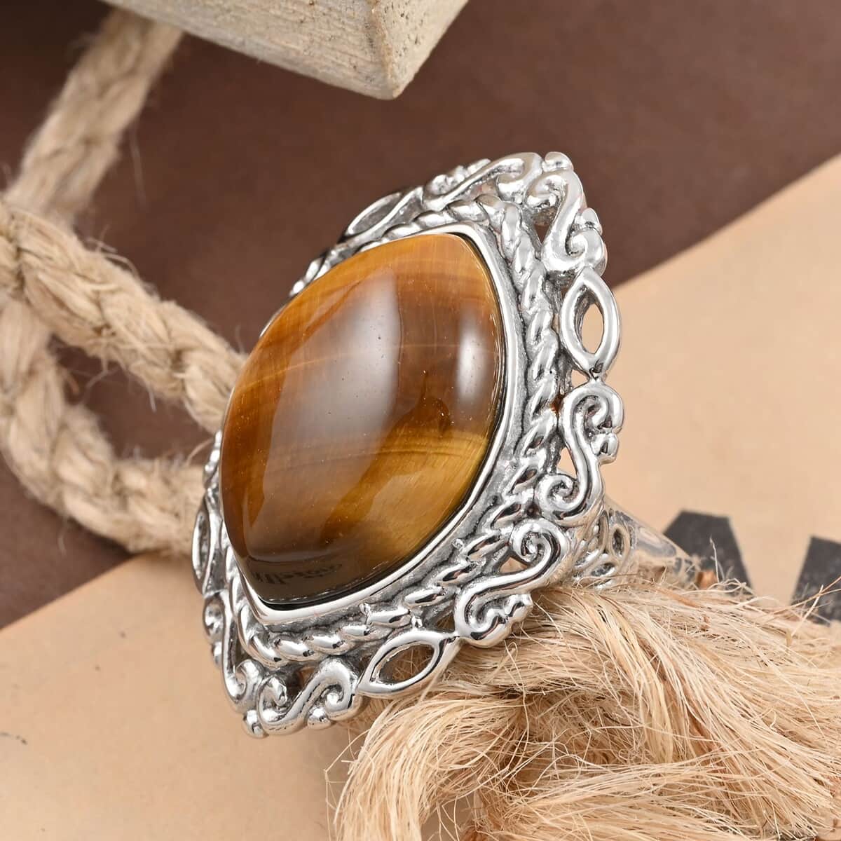 Tiger's Eye Solitaire Ring in Rhodium Over Sterling Silver 18.50 ctw image number 1