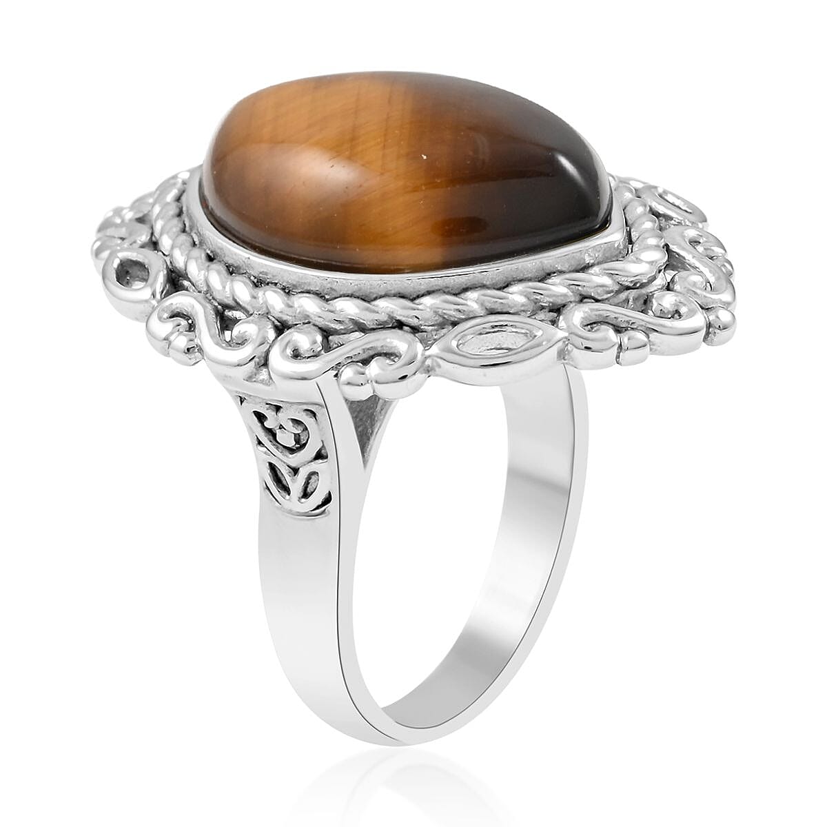 Tiger's Eye Solitaire Ring in Rhodium Over Sterling Silver (Size 10.0) 18.50 ctw