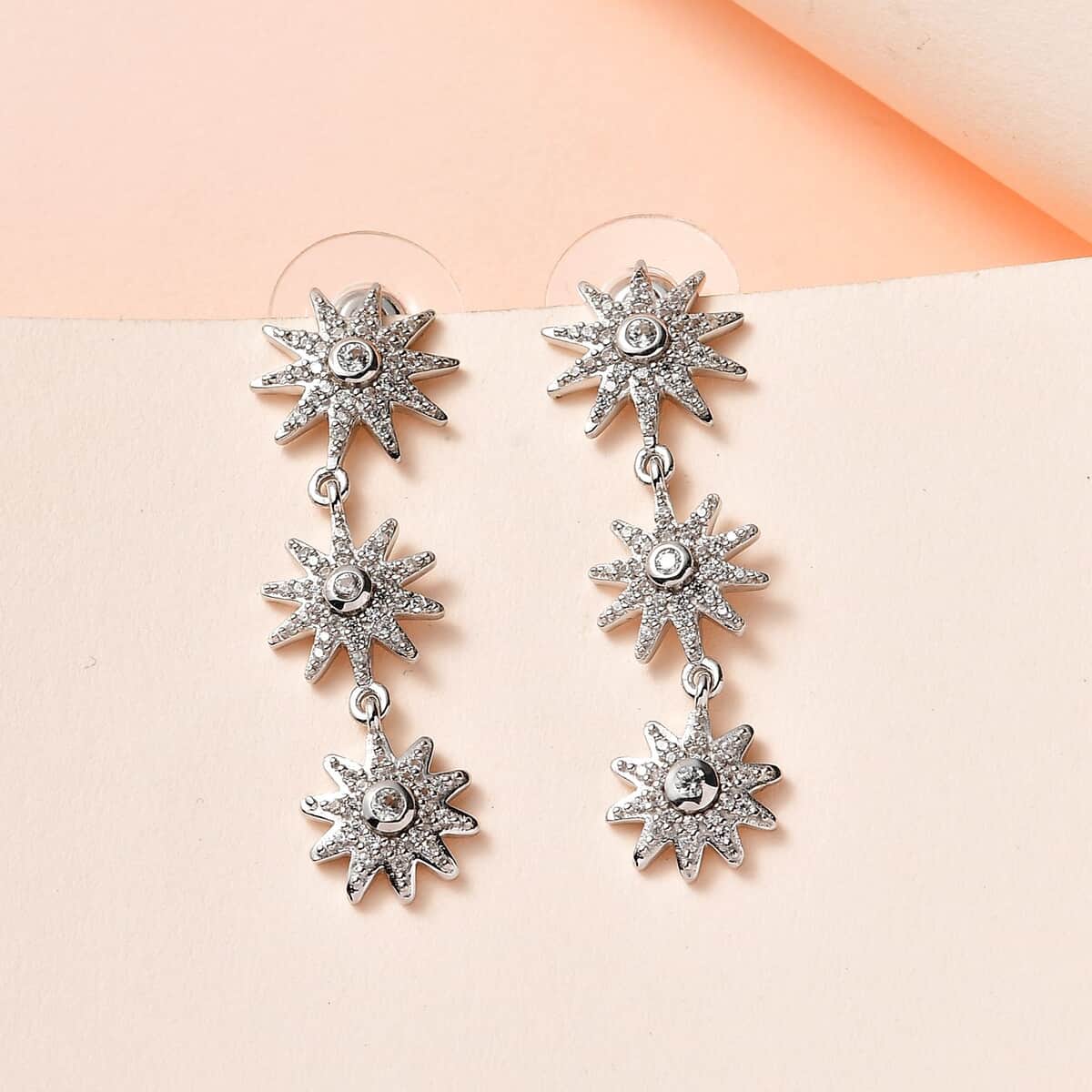 White Zircon Celestial Suns Drop Earrings in Platinum Over Sterling Silver 1.25 ctw image number 1