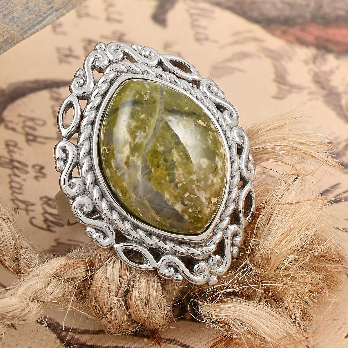 Unakite Solitaire Ring in Rhodium Over Sterling Silver (Size 7.0) 21.00 ctw image number 1