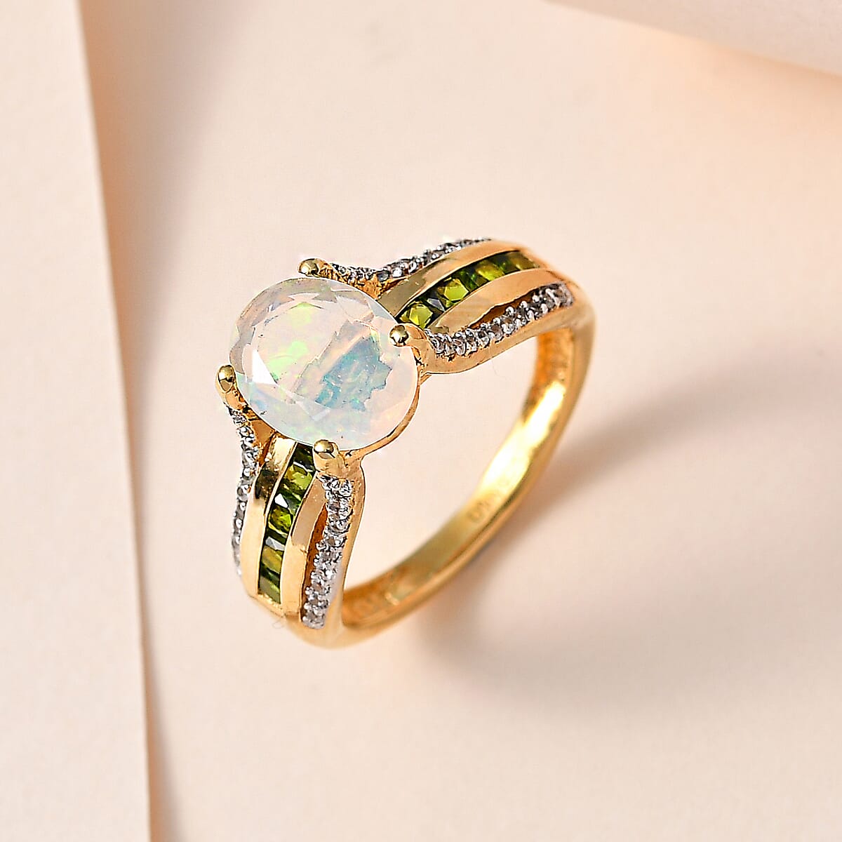 AAA Ethiopian Welo Opal and Multi Gemstone Bridge Ring in Vermeil Yellow Gold Over Sterling Silver 2.00 ctw image number 1