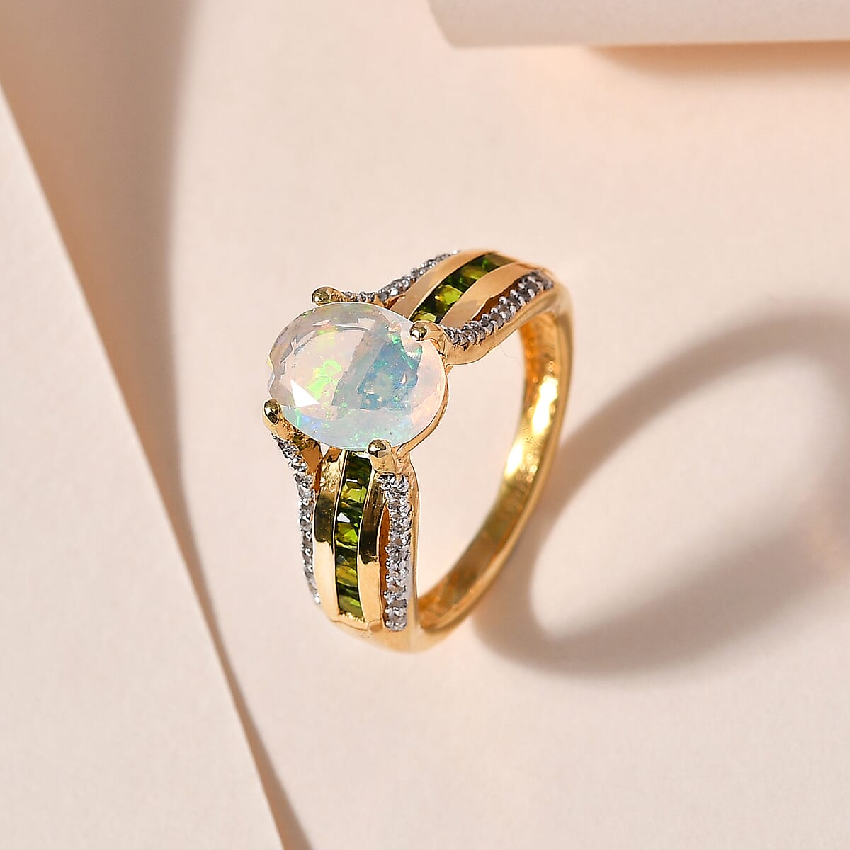 AAA Ethiopian Welo Opal and Multi Gemstone Bridge Ring in Vermeil Yellow Gold Over Sterling Silver 2.00 ctw image number 2
