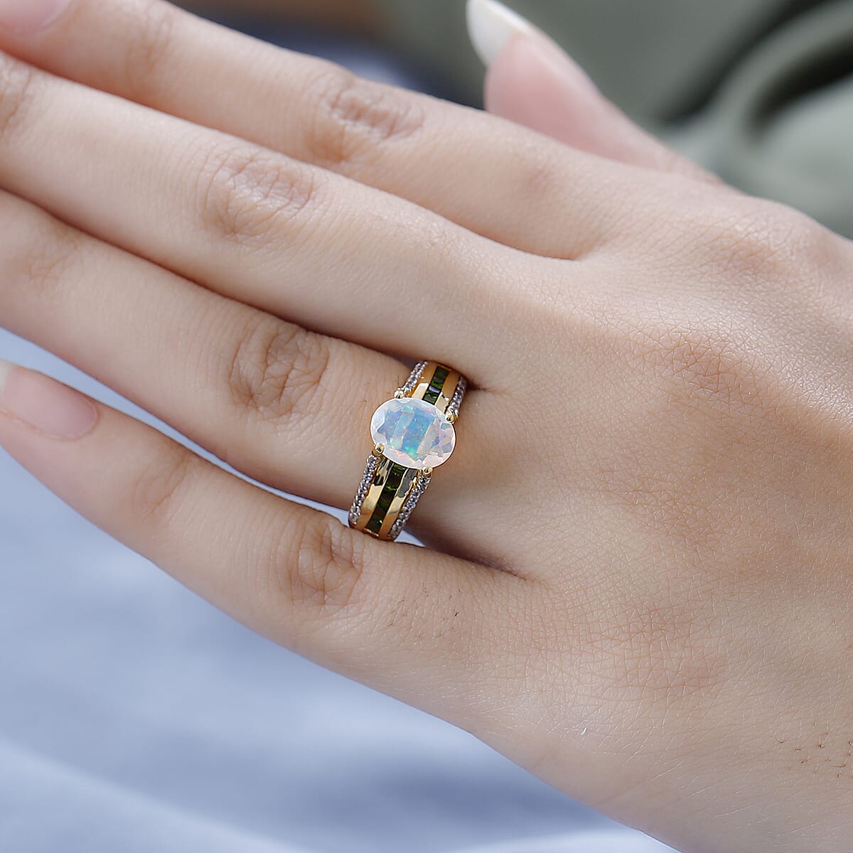 AAA Ethiopian Welo Opal and Multi Gemstone Bridge Ring in Vermeil Yellow Gold Over Sterling Silver 2.00 ctw image number 3