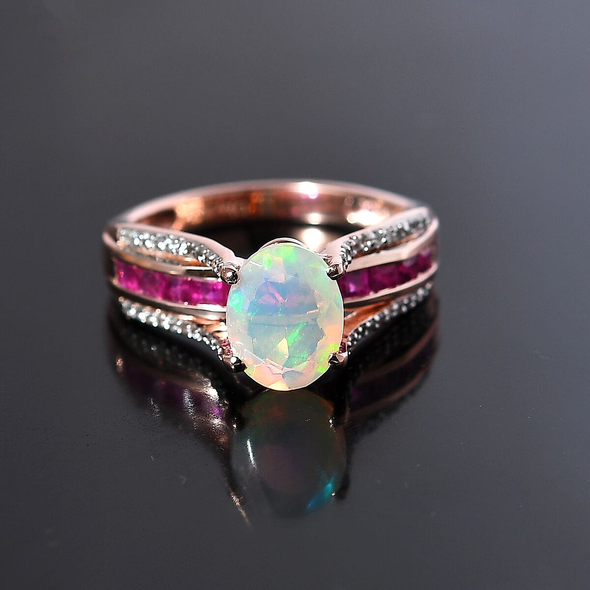 AAA Ethiopian Welo Opal and Multi Gemstone Bridge Ring in Vermeil Rose Gold Over Sterling Silver (Size 7.0) 2.35 ctw image number 1
