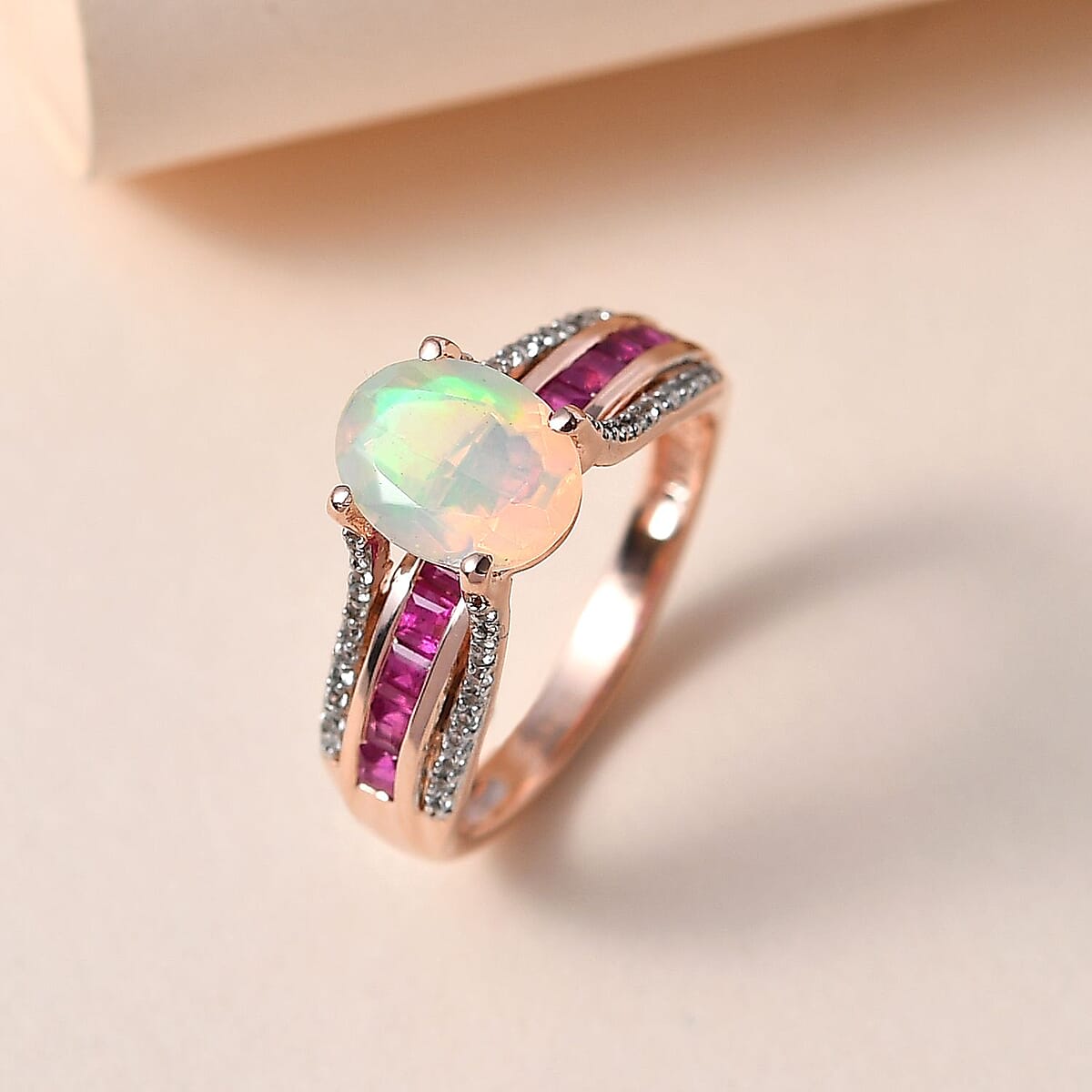 AAA Ethiopian Welo Opal and Multi Gemstone Bridge Ring in Vermeil Rose Gold Over Sterling Silver (Size 7.0) 2.35 ctw image number 2