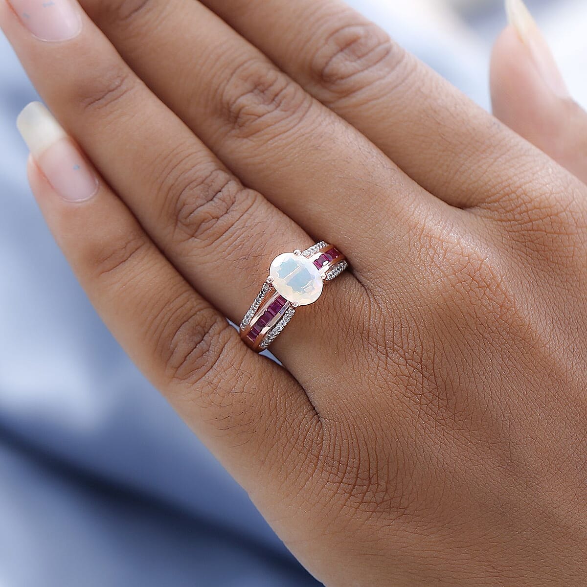 AAA Ethiopian Welo Opal and Multi Gemstone Bridge Ring in Vermeil Rose Gold Over Sterling Silver (Size 7.0) 2.35 ctw image number 3