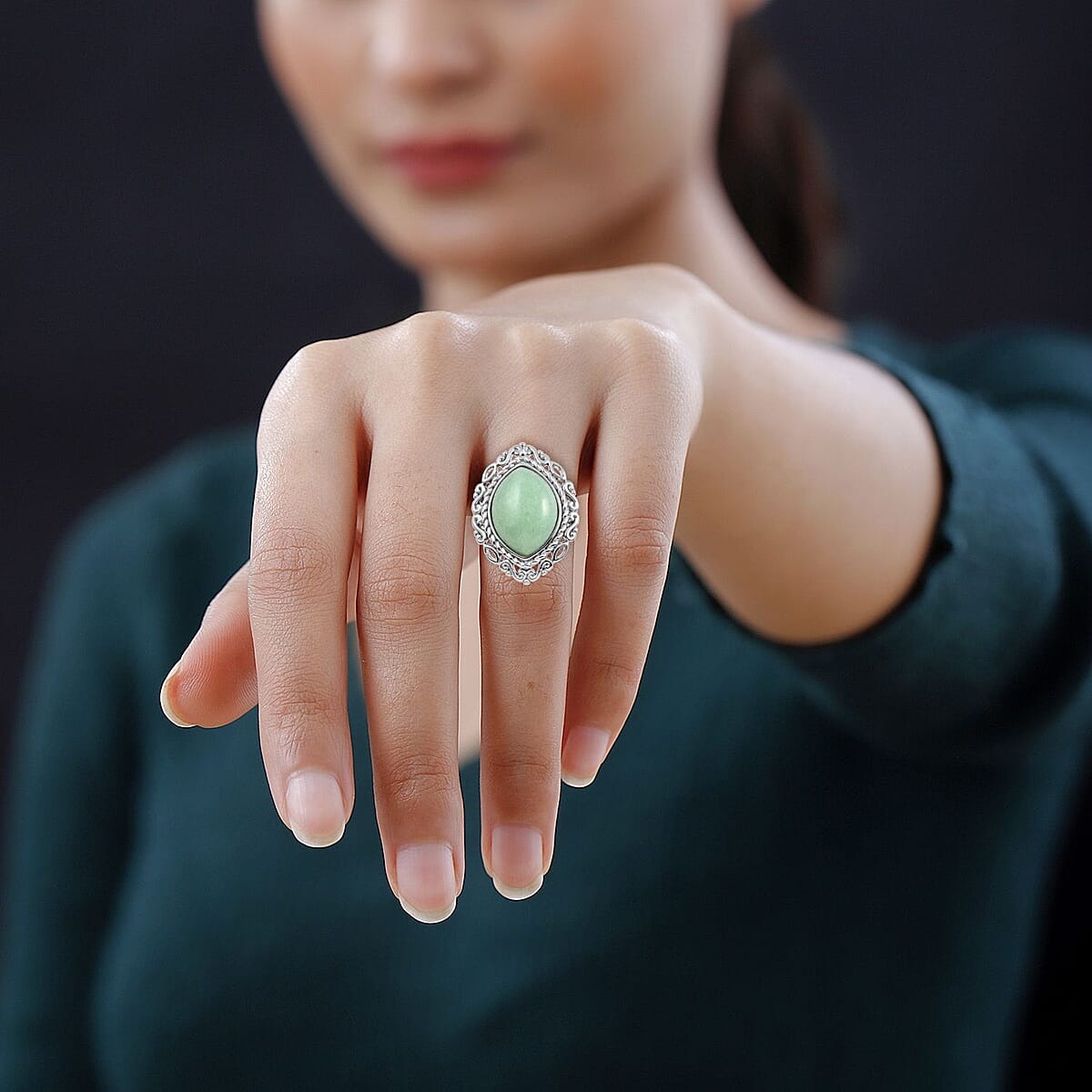 Aventurine Solitaire Ring in Rhodium Over Sterling Silver (Size 9.0) 22.00 ctw image number 2