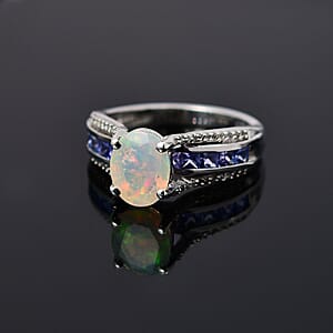 AAA Ethiopian Welo Opal and Multi Gemstone Bridge Ring in Platinum Over Sterling Silver (Size 7.0) 2.00 ctw