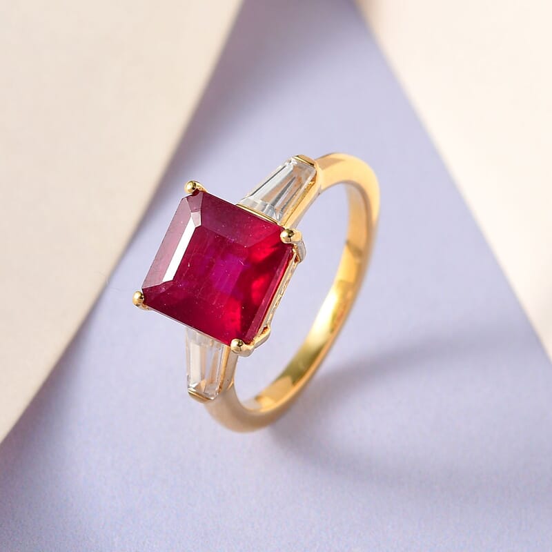D'Joy Asscher Cut Niassa Ruby (FF) and White Zircon Trilogy Ring in Vermeil Yellow Gold Over Sterling Silver (Size 10.0) 4.15 ctw