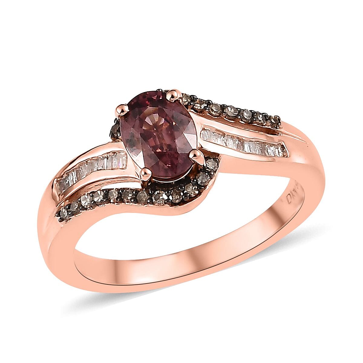 Premium Pink Zircon, Natural Champagne and White Diamond Ring in Vermeil Rose Gold Over Sterling Silver (Size 10.0) 1.50 ctw