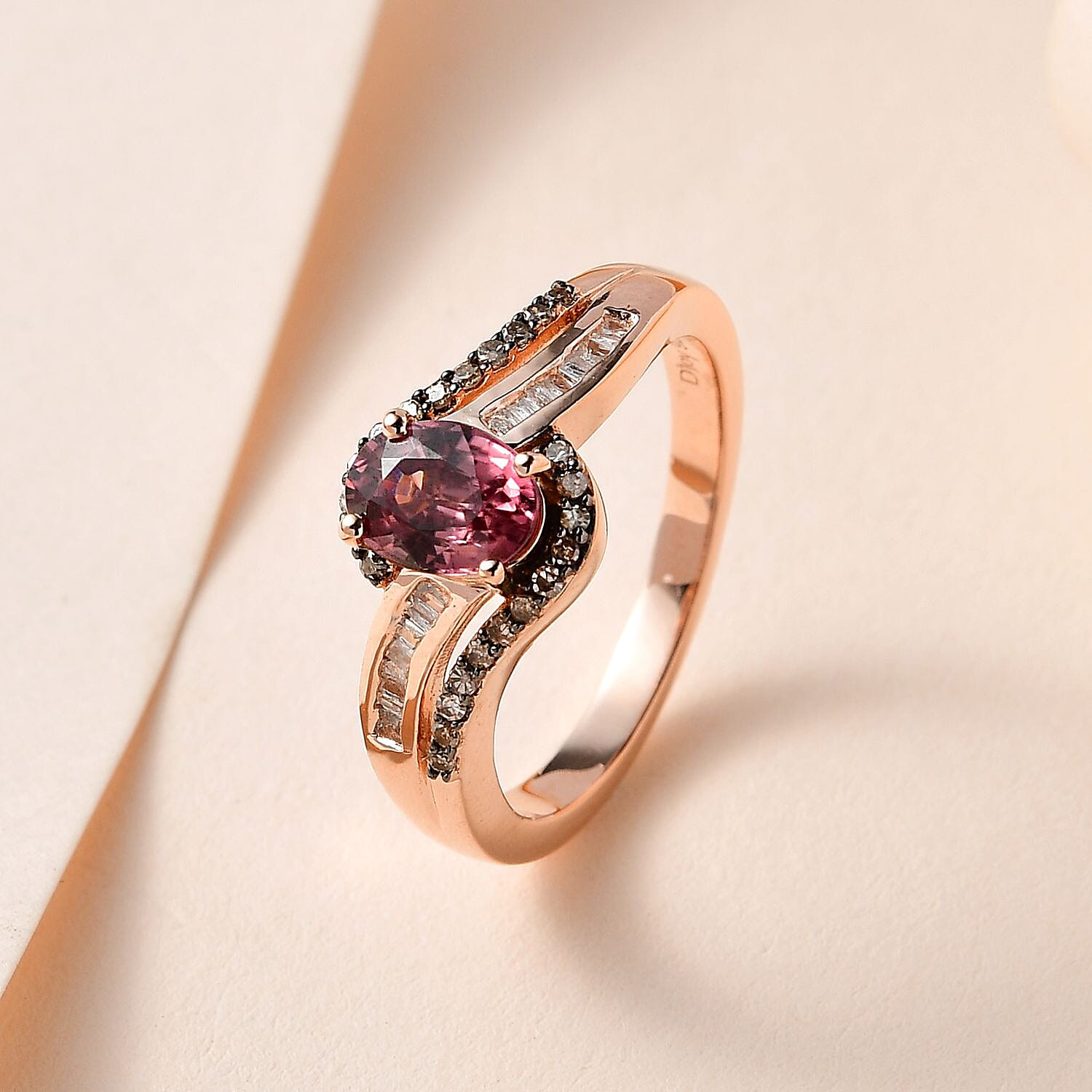 Premium Pink Zircon, Natural Champagne and White Diamond Ring in Vermeil Rose Gold Over Sterling Silver (Size 10.0) 1.50 ctw