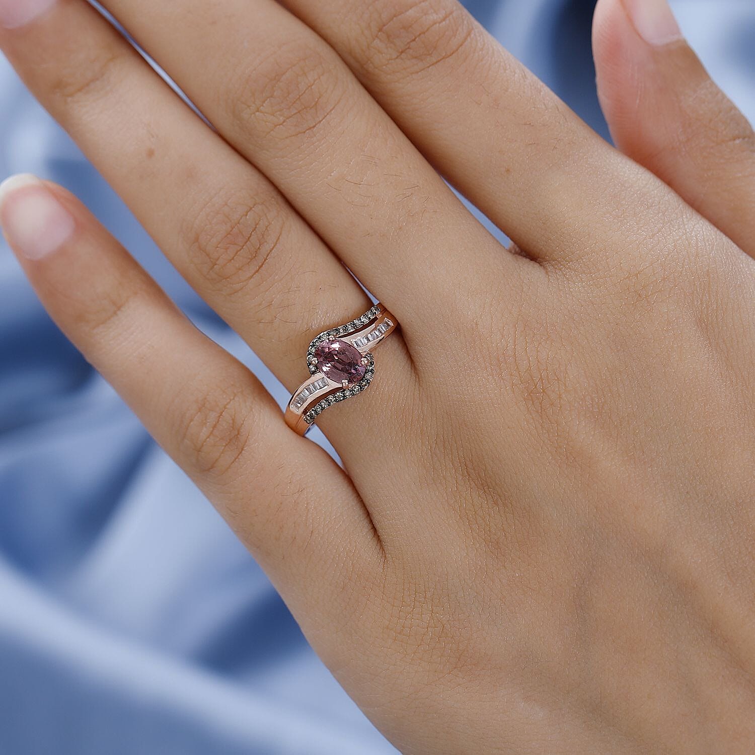 Premium Pink Zircon, Natural Champagne and White Diamond Ring in Vermeil Rose Gold Over Sterling Silver (Size 10.0) 1.50 ctw