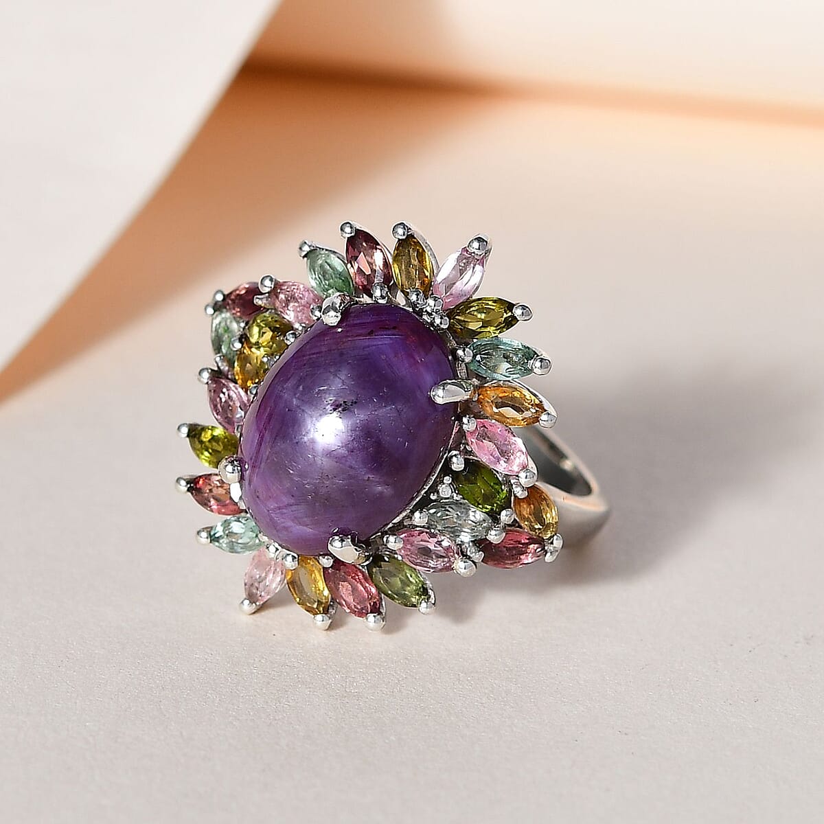 Premium Indian Star Ruby and Multi-Tourmaline Floral Ring in Platinum Over Sterling Silver (Size 9.0) 11.80 ctw image number 1