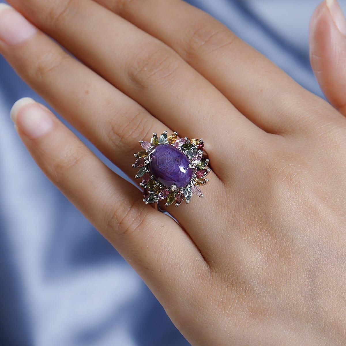 Premium Indian Star Ruby and Multi-Tourmaline Floral Ring in Platinum Over Sterling Silver (Size 9.0) 11.80 ctw image number 2