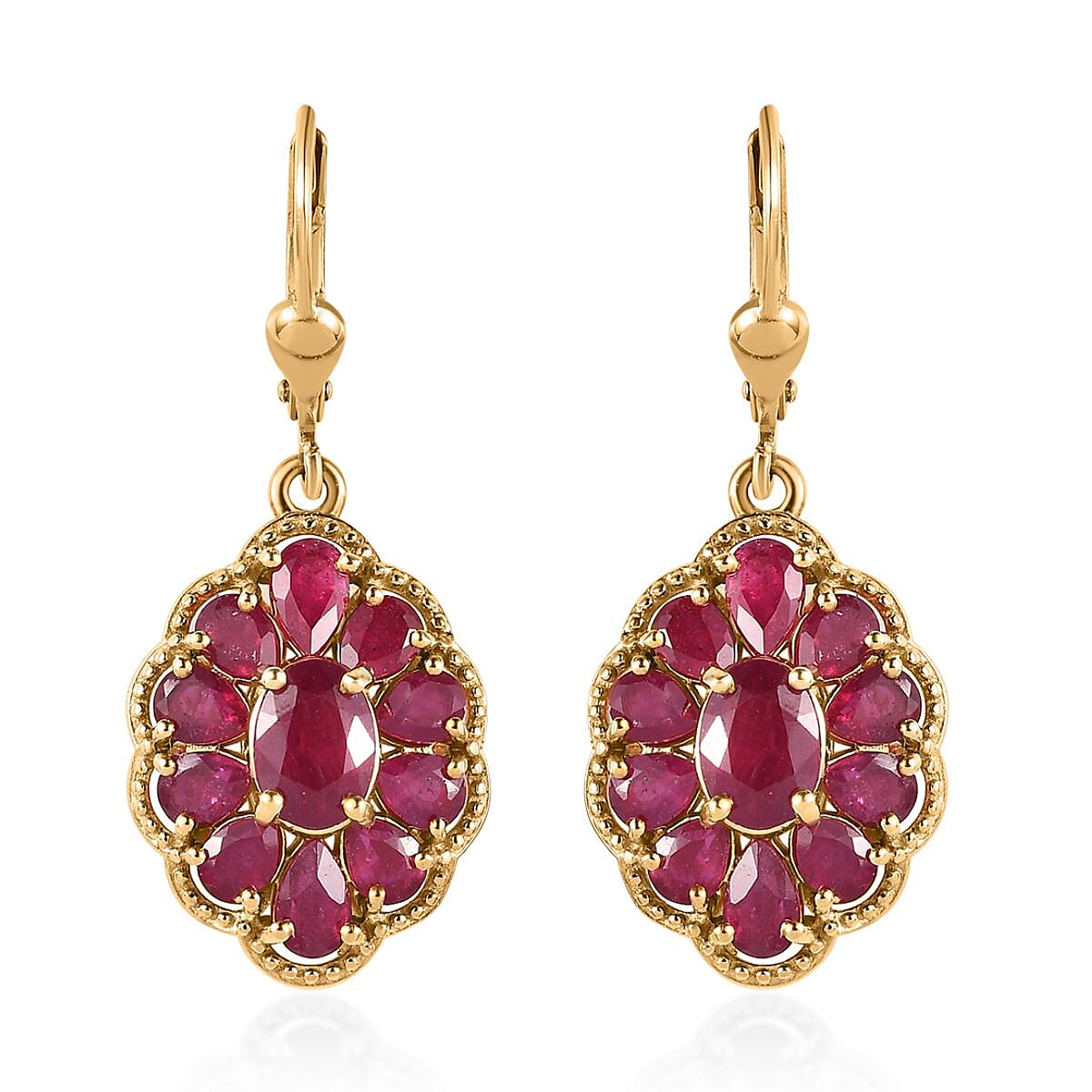 Niassa Ruby (FF) Lever Back Earrings in Vermeil Yellow Gold Over Sterling Silver 7.10 ctw