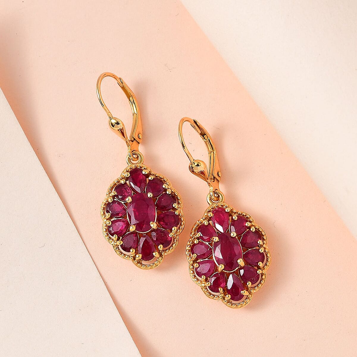 Niassa Ruby (FF) Lever Back Earrings in Vermeil Yellow Gold Over Sterling Silver 7.10 ctw image number 1