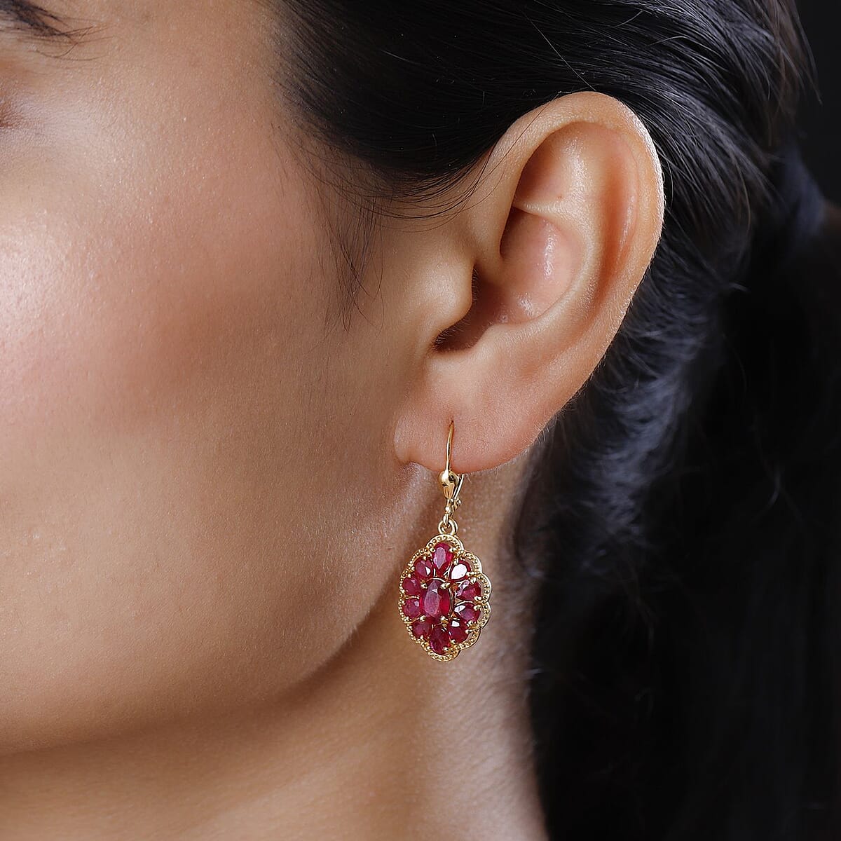 Niassa Ruby (FF) Lever Back Earrings in Vermeil Yellow Gold Over Sterling Silver 7.10 ctw image number 2