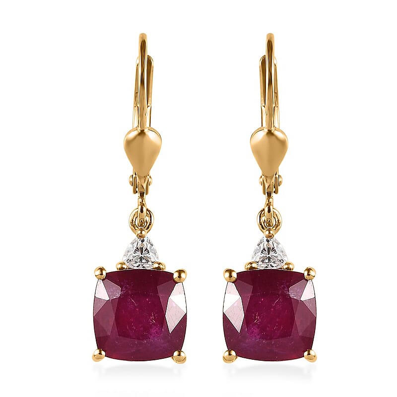 D'Joy Niassa Ruby (FF) and Moissanite Lever Back Earrings in Vermeil Yellow Gold Over Sterling Silver 7.10 ctw