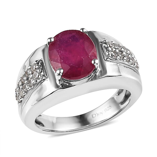 Niassa Ruby (FF) and White Zircon 5.40 ctw Men's Ring in Platinum Over Sterling Silver (Size 10.0) 