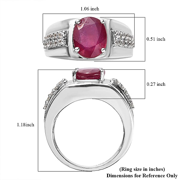 Niassa Ruby (FF) and White Zircon 5.40 ctw Men's Ring in Platinum Over Sterling Silver (Size 10.0) 