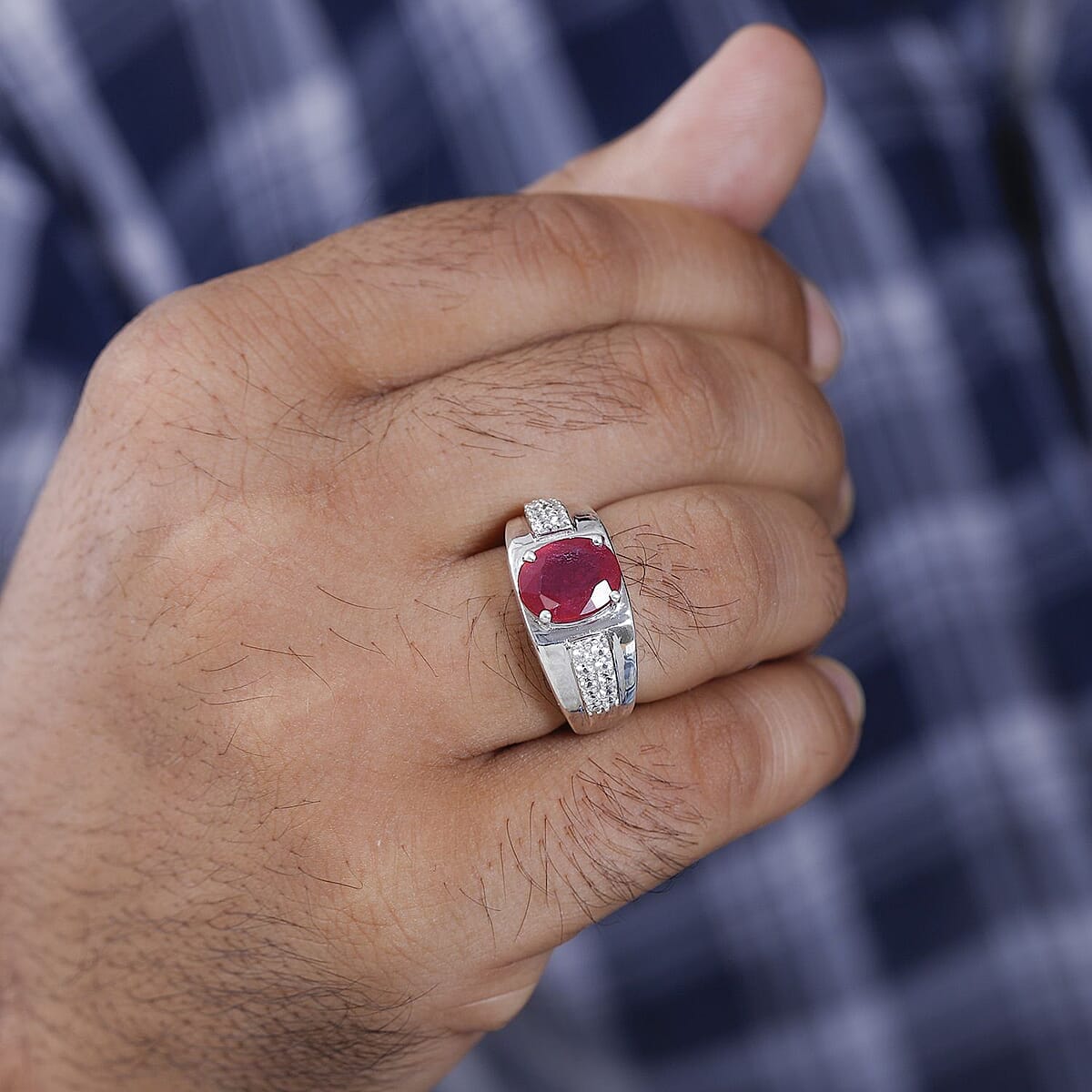 Niassa Ruby (FF) and White Zircon 5.40 ctw Men's Ring in Platinum Over Sterling Silver (Size 12.0)  image number 2