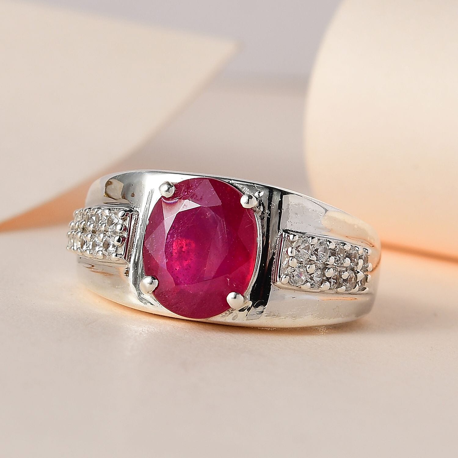 Niassa Ruby (FF) and White Zircon 5.40 ctw Men's Ring in Platinum Over Sterling Silver (Size 9.0)