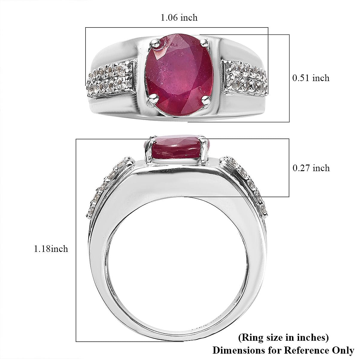 Niassa Ruby (FF) and White Zircon 5.40 ctw Men's Ring in Platinum Over Sterling Silver (Size 9.0)