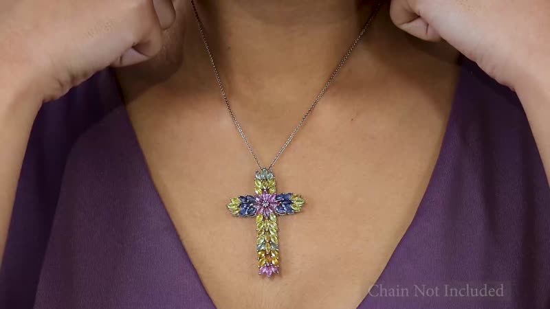 Multi Sapphire Floral Spray Cross Pendant in Platinum Over Sterling Silver 9.60 ctw