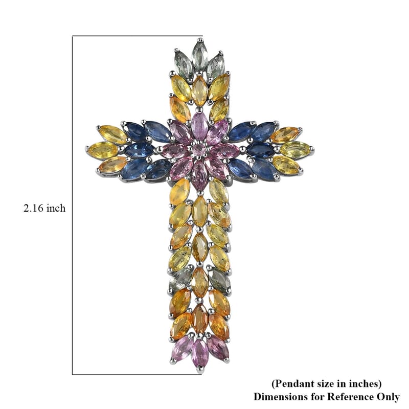 Multi Sapphire Floral Spray Cross Pendant in Platinum Over Sterling Silver 9.60 ctw