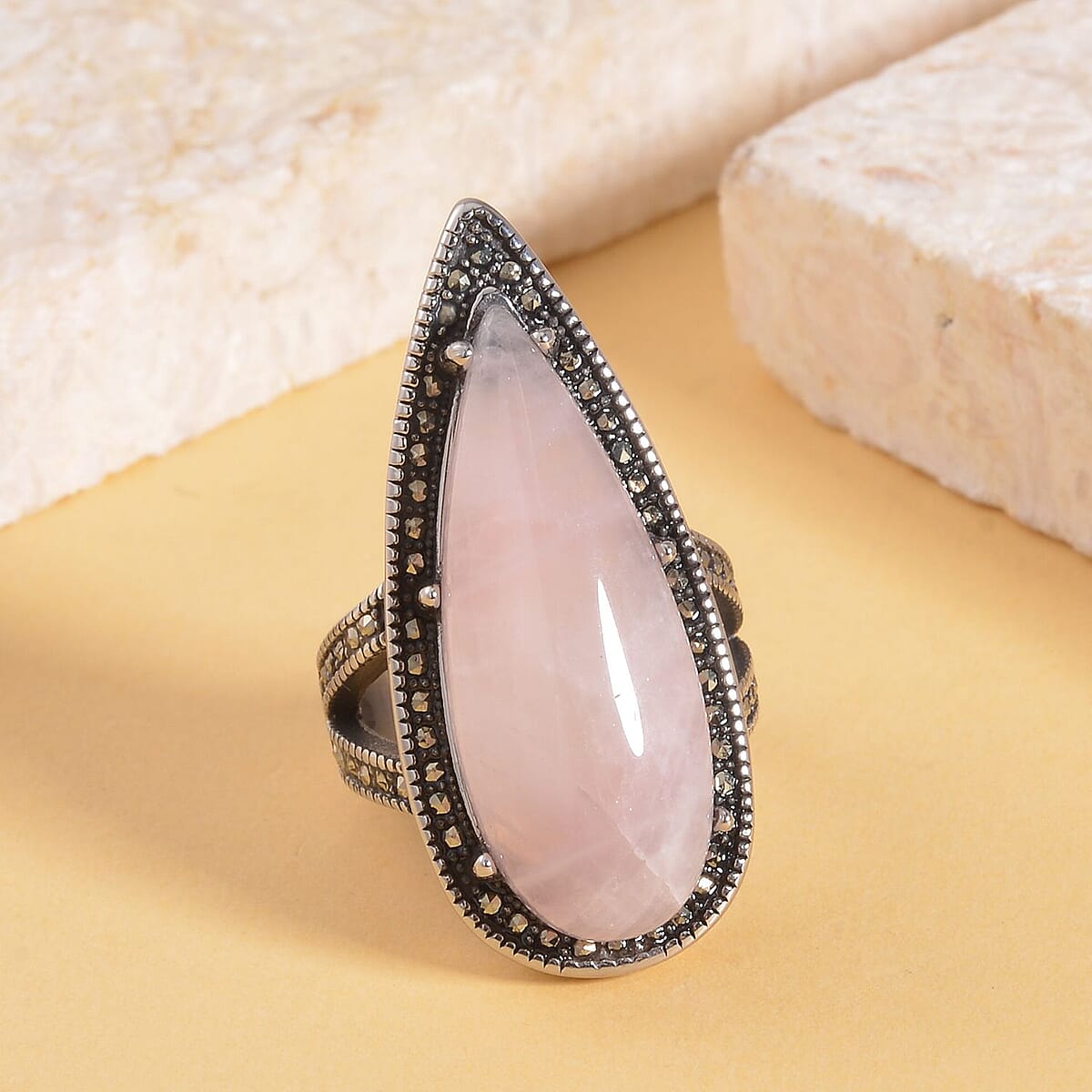 Galilea Rose Quartz and Mosaic Stone Halo Ring in Black Oxidized Stainless Steel (Size 6.0) 8.30 ctw image number 1