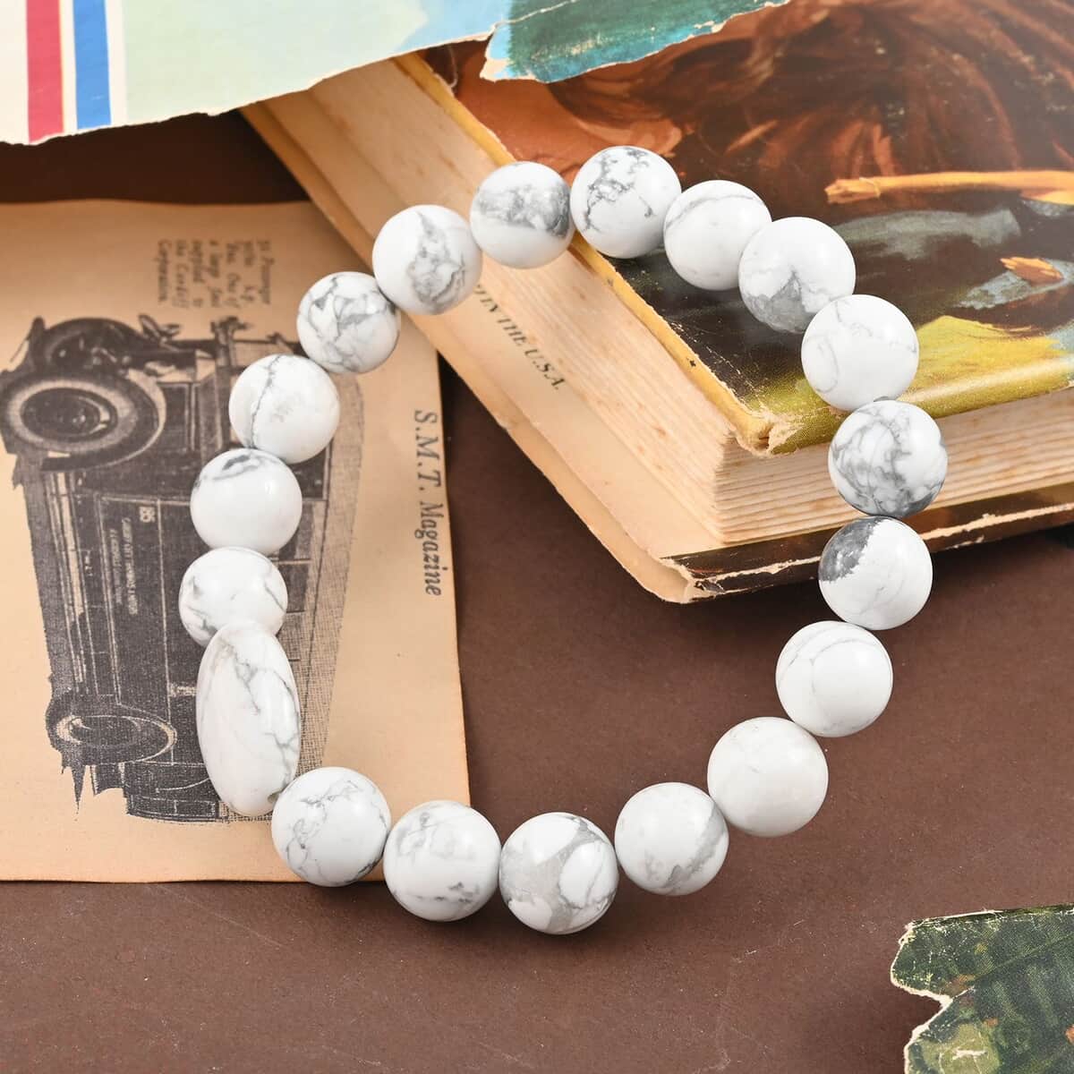 White Howlite Beaded Stretch Bracelet 150.00 ctw image number 1